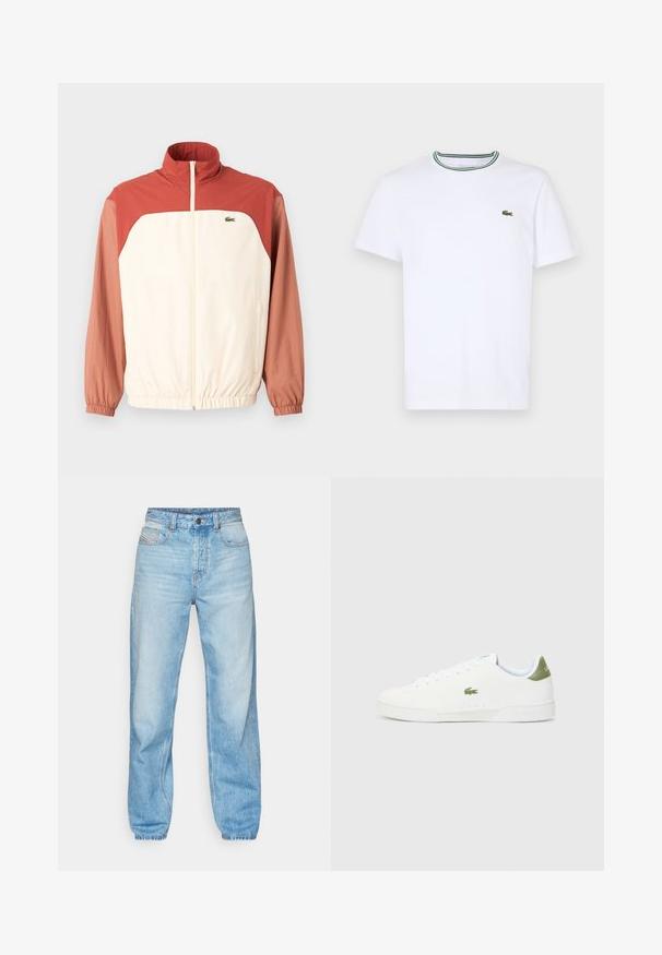 Švarkas, pagamintas iš šviesių kreminių spalvų medžiagos, su raudonai rudos spalvos rankovėmis, priekyje užtrauktuku, aukštu apykakle, elastinėmis rankogaliais ir subtiliu logotipo akcentu ant krūtinės.; Balta medvilninė trumpo rankovės marškinėliai su įsiūtu apykakle, dekoruota žaliais ir juodais dryžiais; mažas žalias siuvinėtas logotipas kairėje krūtinės pusėje.; Šviesiai mėlyni džinsai, pagaminti iš džinsinio audinio, turi tiesų kirpimą, penkių kišenių dizainą ir matomą mygtukinę užsegimą su kontrastingu siuvimu.; Baltos sportiniai bateliai su lygaus paviršiaus tekstūra, kuriuose yra žalias akcentas kulne ir mažas siuvinėtas krokodilo logotipas šone.