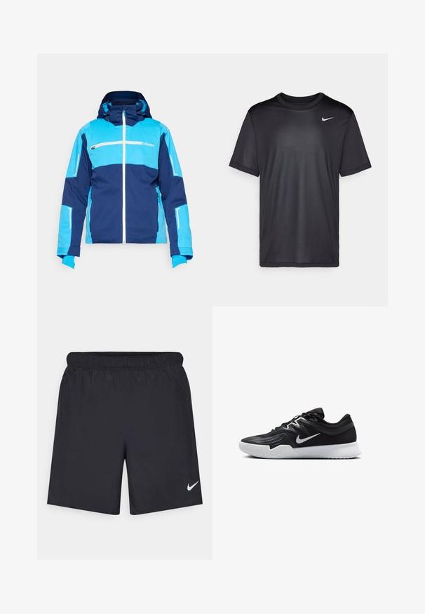 Spyder TITAN JACKET - Skijacke - true navy; Schwarzes Sport-T-Shirt mit kurzen Ärmeln, Rundhals, aus glattem Stoff. Besitzt ein kleines weißes Nike-Logo auf der oberen linken Seite.; Schwarze sportliche Shorts aus leichtem Material mit einem elastischen Bund. Auf der unteren linken Seite befindet sich ein kleines weißes Nike-Logo.; Schwarzer Sportschuh mit strukturiertem Obermaterial, weißem Nike-Warenzeichen und einer weißen Gummisohle. Verfügt über ein Schnürdesign und eine dynamische Form.