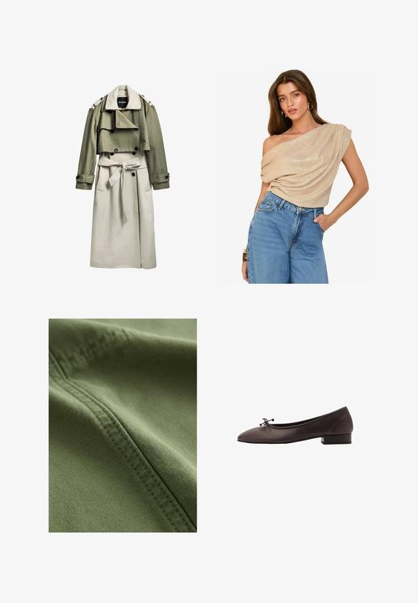 Khaki a béžový trenčkot s dvojitým zapínaním, opaskom, skrátenou vrchnou vrstvou a epauletmi. Vyrobený z hladkej tkaniny.; Béžový top s odhalenými ramenami a drapériou, s jemným leskom; skombinovaný s vysokými rifľami z svetlomodrej denim látky. Hladká textúra, uvoľnený strih.; Next Denimové šortky - khaki green; Hnedé kožené baletky s zaoblenou špičkou a malým blokovým podpätkom. Obsahujú tenkú mašľu vpredu a jemné švy.