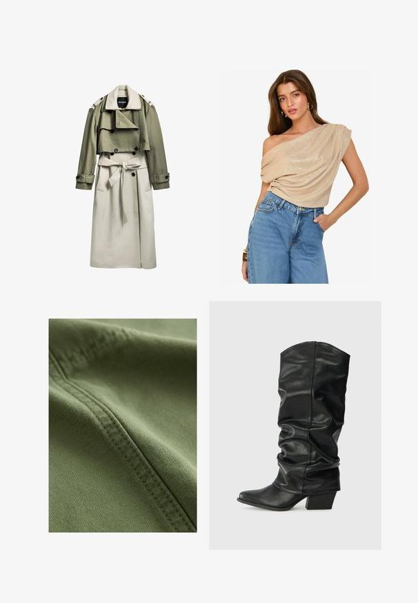 Kaki ir smėlio spalvos puspaltis, turintis dvigubą užsegimą, diržą, trumpą viršutinį sluoksnį ir petišus. Pagamintas iš lygaus audinio.; Šviesiai rudas, per petį krentantis marškinėlis su laisvai krentančia medžiaga ir švelniu blizgesiu; derinamas su aukštu liemeniu, šviesaus denim užeiti. Sklandži tekstūra, laisvas siluetas.; Next Džinsiniai šortai - khaki green; Juoda oda iki kelių siekianti avalynė su susilpnintu dizainu, smailu priekiniu galu ir masyviu kulnu, pasižyminti lygiu paviršiumi ir minimaliais siūlių akcentais.