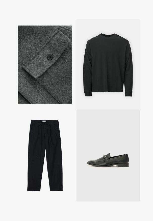 Gray wool coat featuring a textured finish, a rectangular pocket with a black button, and visible stitching details.; Long-sleeve black T-shirt made of cotton, featuring a round neckline, loose fit, and ribbed cuffs. Smooth texture with no visible patterns.; Pier One Chinos - black; Black leather loafer with a smooth finish, featuring a stitched design and a decorative metal chain accent across the vamp. Flat heel.