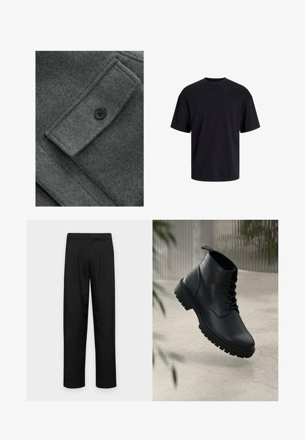 Gray wool coat featuring a textured finish, a rectangular pocket with a black button, and visible stitching details.; Black cotton t-shirt with a crew neckline, short sleeves, and a relaxed fit. Smooth texture and no visible patterns or accents.; Black trousers made of smooth fabric, featuring a straight-leg design, two front pleats, and standard waistband with belt loops.; Black leather ankle boots with a rounded toe, lace-up design, and rugged rubber sole. Smooth texture with a pull tab at the back.