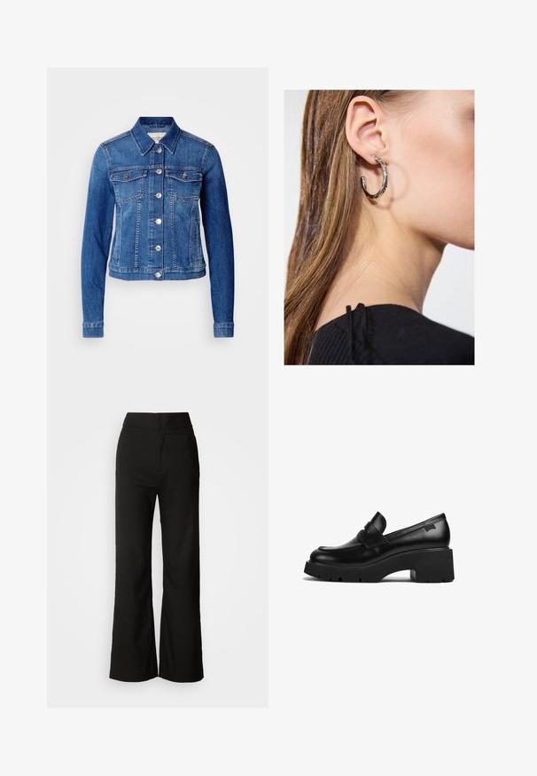 Blauwe denimjack met een klassieke snit, knoopsluiting, twee borstzakken en zichtbare stikseldetails. Heeft lange mouwen en een kraag.; Zwarte tanktop gemaakt van zachte, rekbare stof. Heeft een ronde halslijn en brede schouderbanden, met een aansluitende snit en een gladde textuur.; Zwarte wijde broek met een gladde textuur, hoge taille en een strakke uitstraling. Geen zichtbare zakken of versieringen.; Zwarte leren loafers met chunky hak en dikke zool, met een banddetail over de bovenkant, zijaanzicht op een witte achtergrond.; Zilveren oorbel met een gepolijste afwerking, met kleine gouden accentdetails en een ronde vorm, gedragen op de oorlel.