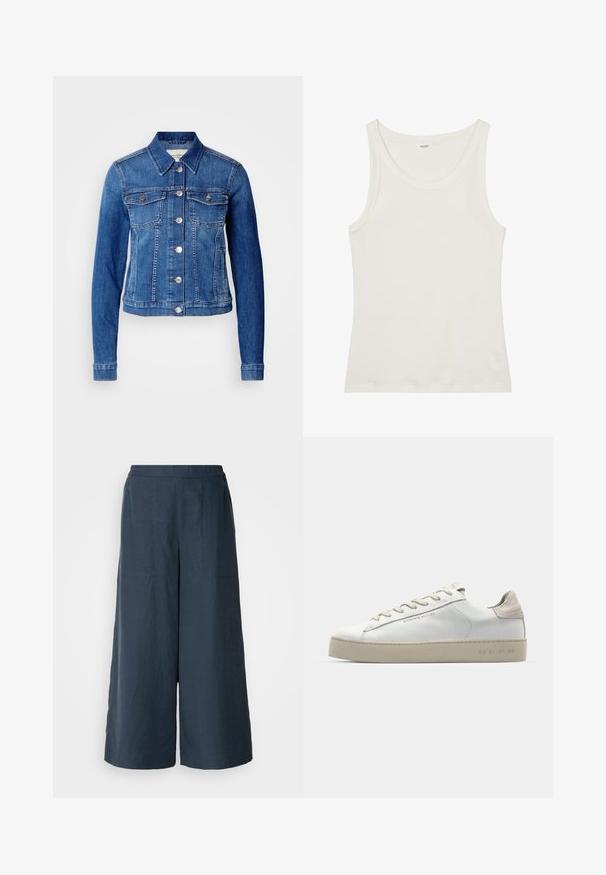 Jachetă din denim albastru cu un croi clasic, închidere cu butoane, două buzunare pe piept și detalii de cusătură vizibile. Are mâneci lungi și guler.; Top din bumbac alb, fără mâneci, cu un decolteu larg și bretele subțiri. Textură netedă, fără modele sau embellismente vizibile.; Pantaloni cu picioare largi de culoare bleu marin, dintr-un material ușor. Caracteristici o suprafață ușor texturată, talie elastică și cusături frontale.; Adidași din piele albă cu finisaj neted, accente din suede bej, vârf rotund, design cu șireturi plate și talpă din cauciuc texturat.