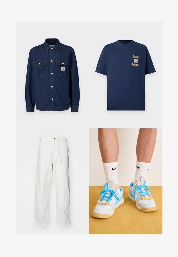 Tamsiai mėlyna džinsinė marškiniai su ilgomis rankovėmis, prisisegama priekyje, dviem krūtinės kišenėmis ir mažą prekės ženklo etiketę kairėje kišenėje.; Tamsiai mėlyna medvilninė marškinėliai trumpomis rankovėmis, su auksiniu tekstu "Carhartt University" ir logotipo siuviniu kairėje krūtinės pusėje.; Balti medvilniniai kargo džinsai su laisvu siluetu. Ypatybės apima priekines kišenes, auksinius apdailos elementus ir sustiprintas kelio dalis.; Šviesiai mėlynos sportbačiai su rausvais padais, turintys ryškius mėlynus raištelius ir geltonus akcentus. Tekstūruotos medžiagos ir matoma oro pagalvė.