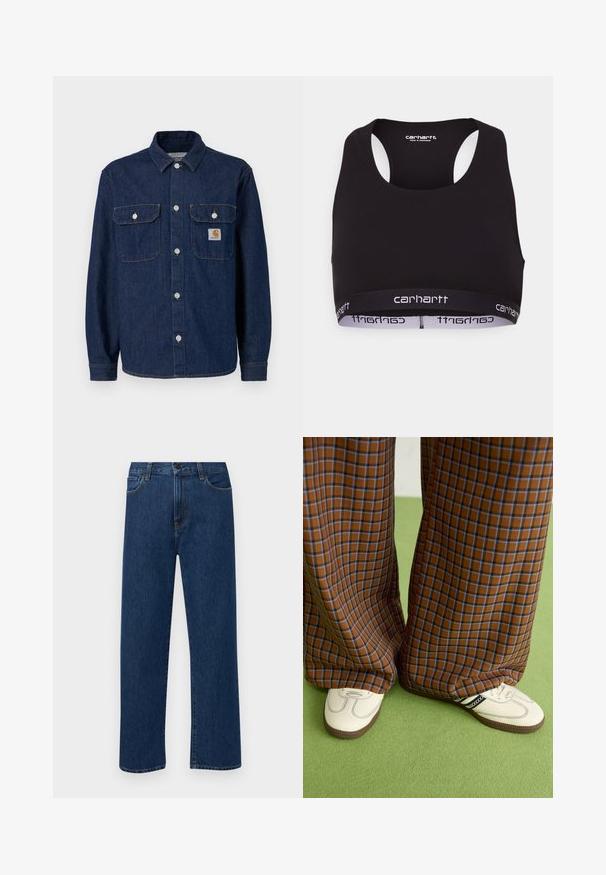 Tumedast sinisest denimist särk, millel on pikad varrukad, nööpidega ees, kaks rinna taskut ja väike bränditud tempel vasakus taskus.; Must mustriba ümmarguse kaelusega ja raceri seljaosaga. Omab tugevdatud vöökohta valge "carhartt" brändimisega. Pehme kangast tekstuur.; Tumedat sinised sirged teksapüksid esikottide ja nupuklõpsuga, esitatud helesinisel taustal.; Pruunide ja siniste ruuduliste laiad püksid, mille juurde on kombineeritud valged kingad mustade aktsentidega ja tekstuursete taldadega, roheline taust.