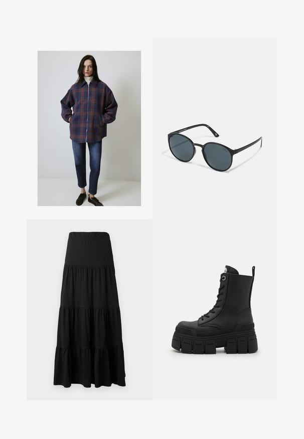 Ruudullinen takki purple, sinisen ja oranssin värissä, vetoketjulla, pitkät hihat ja sivutaskut. Yhdistetty tummiin farkkuihin ja ruskeisiin lenkkareihin.; Mustapituinen pitkähihainen suorituspaita, jossa on korkea kaula-aukko, joustava kangas ja kontrastiväriset harmaa viivakuviot sekä "MISBHV" -logo edessä.; Mustat maksihameet, jotka on valmistettu pehmeästä kankaasta, jossa on kerroksellinen muotoilu, joustava vyötärö ja röyhelökoristeet helmassa.; Buffalo GOSPHER LACE UP MID - Nauhalliset nilkkurit - black; Pyöreät mustat aurinkolasit tummilla linsseillä, valmistettu muovista. Kapeat vartaat, jossa brändäys sivussa, hienojakoinen pinta ja hillityt yksityiskohdat.