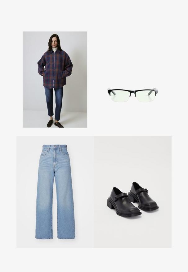 Lila, kék és narancssárga kockás dzseki, cipzárral, hosszú ujjakkal és oldalzsebekkel. Sötét farmerrel és barna sportcipővel párosítva.; Rövid ujjú fehér póló puha pamut anyagból, kerek nyakkivágással és laza fazonnal, egyenes aljjal, minta vagy grafika nélküli.; Világoskék, magas derekú, bő szárú farmernadrág, elülső gombbal és cipzárral, elülső és hátsó zsebekkel, fehér háttérrel.; Fekete bőr cipők lekerekített orral, lapos talppal és csattal díszített pánttal. Masszív blokk talp a megnövelt stabilitásért.; Fekete téglalap alakú szemüveg, tiszta lencsékkel, elegáns fekete kerettel és szürke áttetsző szárakkal. Minimalista dizájn, látható márkajelzés nélkül.