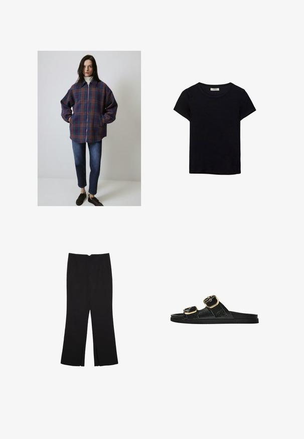 Skakjacket i lilla, blå og orange, med lynlås, lange ærmer og sidelommer. Baret med mørke jeans og brune sneakers.; Sort kortærmet t-shirt lavet af blødt stof. Har en klassisk rund halsudskæring og en afslappet pasform. Ingen mønstre eller accenter synlige.; Sorte bukser med lige pasform, der har frontlommer og slidser i kanten. Lavet af blødt, glat stof. Velegnet til forskellige anledninger.; Sort skridsandal med to guldspænder, glat tekstureret materiale, flad sål og et minimalistisk design.