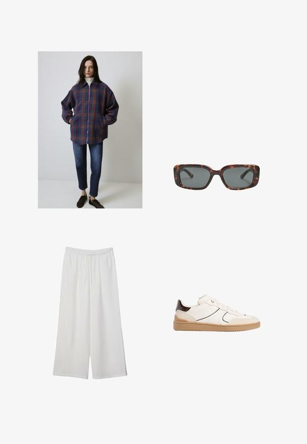 Károvaná bunda v purpurovej, modrej a oranžovej farbe, so zipsom, dlhými rukávmi a bočnými vreckami. Vytvorené v kombinácii s tmavými džínsami a hnedými teniskami.; Biela krátkopsová tričko vyrobené z bavlny. Má okrúhly výstrih a voľný strih. Hladká textúra bez viditeľných vzorov alebo akcentov.; Biele široké nohavice z ľahkého materiálu s elastickým pásom a šnúrkou na nastavenie veľkosti. Hladká textúra.; Stradivarius Tenisky - white; Rámiky slnečných okuliarov v štýle korytnačiny s obdĺžnikovými šošovkami, hrubými rámami a tmavými tónovanými šošovkami. Hladký povrch a minimalistický dizajn.