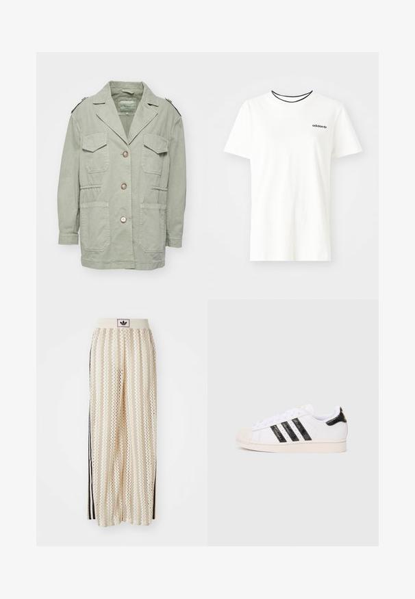 Chaqueta verde claro de corte holgado, con solapa con muesca, cuatro bolsillos delanteros y cierre de botones. Hecha de tela suave y texturizada.; Camiseta de algodón blanca con manga corta y escote redondo. Presenta un logo negro de Adidas en el pecho y un cuello interior negro en contraste.; Pantalones de pierna ancha en color crema con un patrón en zigzag, que cuentan con una cinturilla con logo negro y franjas negras en los laterales. Tejido ligero y texturizado.; Zapatilla blanca con rayas y acentos texturizados en negro; cuenta con una puntera de goma, cordones planos y acolchado alrededor del tobillo.