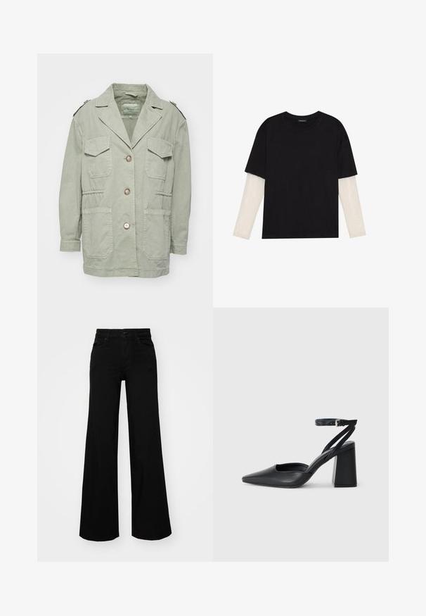 Light green cotton jacket with a collar, four front pockets, button closure, and shoulder epaulets. Features a relaxed fit and textured fabric.; Black T-shirt made of cotton, featuring short sleeves over a white long-sleeve layer with a subtle textured pattern. Crew neckline design.; Black wide-leg pants made of denim, featuring a structured waistband, belt loops, and front pockets. Smooth texture with a classic design.; Black leather pointy-toe pump with an ankle strap and a chunky heel. Flat texture, sleek design, and minimalistic aesthetics.