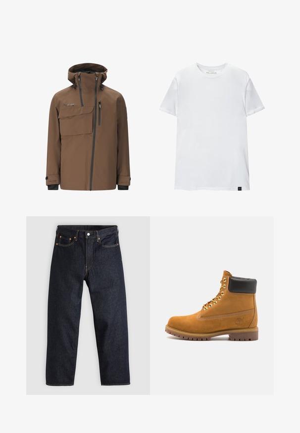 Ruskea vedenpitävä takki, jossa on korkea kaulus, säädettävä huppu, etutasku ja vetoketjullinen rintatasku. Sisältää mustia yksityiskohtia ja hihansuita.; Valkoinen lihaksen istuvuus t-paita, joka on valmistettu puuvillasta. Pyöreä kaula-aukko, lyhyet hihat, sileä rakenne. Pieni musta logotagi helman kohdalla. Yksinkertainen muotoilu.; Tummansinisiä farkkuja, joissa on suora leikkaus, viisi taskua, kontrastiväriset oranssit tikkaukset ja napitus. Ei näkyviä kuvioita tai koristeita.; Valkoinen nahkainen nilkkuri mustalla pehmustetulla kauluksella, kultaisilla metallisilla rei'illä, valkoisella ompeluksella ja jykevällä kumipohjalla, jossa on selvästi näkyvät urat.