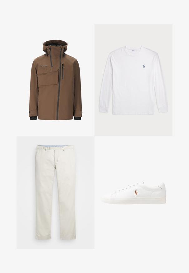 Ruskea vedenpitävä takki, jossa on korkea kaulus, säädettävä huppu, etutasku ja vetoketjullinen rintatasku. Sisältää mustia yksityiskohtia ja hihansuita.; Valkoinen pitkähihainen T-paita, joka on valmistettu puuvillasta. Ominaisuuksiin kuuluu pyöreä kaula-aukko, ribbireunat ja pieni tummansininen polo-logo vasemmassa rinnassa.; Beige puuvillachinohousut litteällä edessä, vyölenkeillä ja sivutaskuilla. Suora lahjamuoto, jossa on sileä pinta ja kevyt, hengittävä tunne.; Valkoiset nahkakengät, matala malli, jossa on sileä pinta, pyöreä kärki, nauhakiinnitys edessä ja pieni brodeerattu logo sivulla.