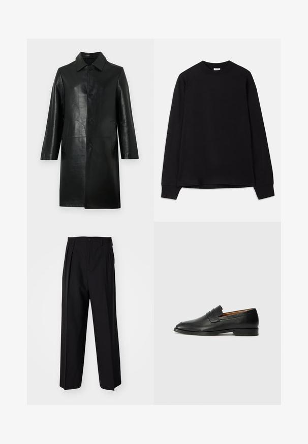 Black knee-length leather coat with long sleeves, pointed collar, front buttons, and side pockets on a plain light background.; Black long-sleeve t-shirt made of soft cotton. Features a round neckline, loose fit, and ribbed cuffs. No visible patterns or logos.; Black pleated trousers with a straight, wide-leg design. Made from smooth fabric, featuring a button closure and belt loops.; Black leather loafer with a rounded toe, subtle stitched detailing, and a low heel, featuring a smooth texture and minimalist design.