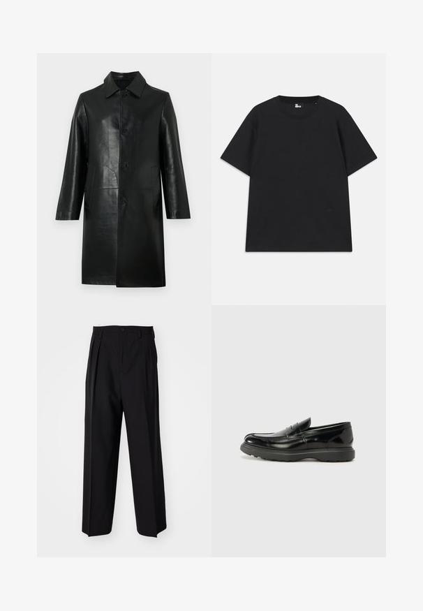 Black knee-length leather coat with long sleeves, pointed collar, front buttons, and side pockets on a plain light background.; Black short-sleeve t-shirt made of cotton, featuring a round neckline and a small logo detail near the hem. Smooth texture, regular fit.; Black pleated trousers with a straight, wide-leg design. Made from smooth fabric, featuring a button closure and belt loops.; Black leather loafer with a glossy finish, rounded toe, subtle stitching details, and a thick rubber sole for durability.