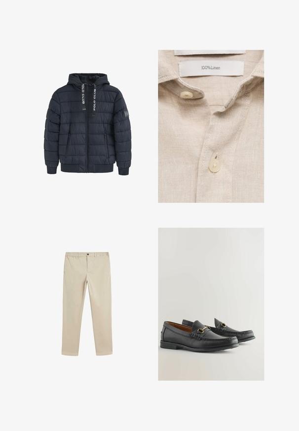 Granatowa ocieplana kurtka z kapturem, z pionowym pikowanym wzorem, dwiema przednimi kieszeniami na zamek, prążkowanymi mankietami oraz logo na kapturze.; Beżowa lniana koszula o miękkiej fakturze, z kołnierzykiem oraz dwiema guzikami z kremowego plastiku. Metka pielęgnacyjna informuje: "100% len".; Beżowe bawełniane spodnie z elastycznym paskiem, zapięciem na guzik, prostym krojem nogawki oraz standardowymi kieszeniami po bokach i z tyłu.; Czarne skórzane mokasyny o teksturowanym wykończeniu. Zawierają dekoracyjną złotą klamrę oraz przeszycia na czubku. Płaska gumowa podeszwa.