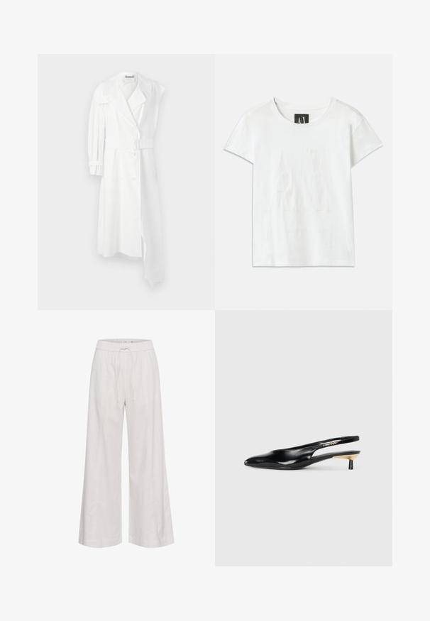 Balts mēteli ar dubulto pogu priekšu, jostu viduklī, plašu apkakli un vienu garu piedurknīti. Ir gluda auduma apdare.; Balta kokvilnas T-kreklu ar īsām piedurknēm, ar uzsistu logotipu "AX" priekšpusē un tekstu "ARMANI EXCHANGE" zem tā, izsmalcinātā dizainā.; Plati, brīvi pieguļoši bikses izgatavotas no mīksta baltā auduma, ar elastīgu jostu un auklu, gluda tekstūra un bez papildu aksesuāriem.; Melnas slingback pump kurpes ar smailu purngalu, spīdīgu ādas apdari un mazu papēdi ar zelta akcentu. Elegants dizains ar atvērtu aizmuguri.