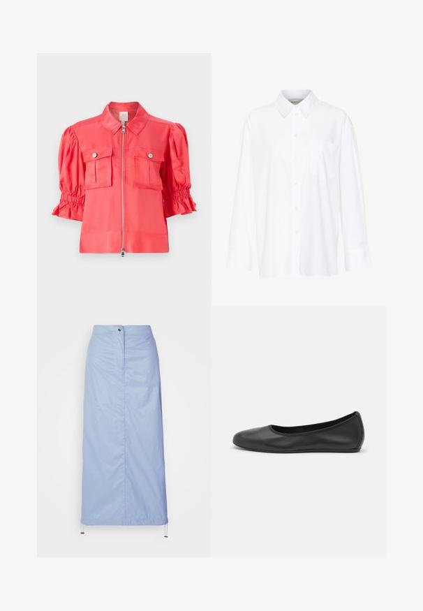 Jachetă din satin coral cu guler, închidere cu fermoar, mâneci scurte tip bufant și două buzunare pe piept cu detalii cu buton.; Cămașă albă cu mânecă lungă și guler, fabricată din bumbac. Are un închidere cu băta pe față și un singur buzunar pe piept. Textură netedă, croială lejeră.; Fustă bleu deschis, de lungime medie, confecționată dintr-un material fin și ușor, cu o croială dreaptă, având o închidere frontală cu nasturi și tiv cu șnur.; Balerini din piele neagră, cu vârf rotund, textură netedă, detalii de cusătură minimale și un design al tălpii flexibil.