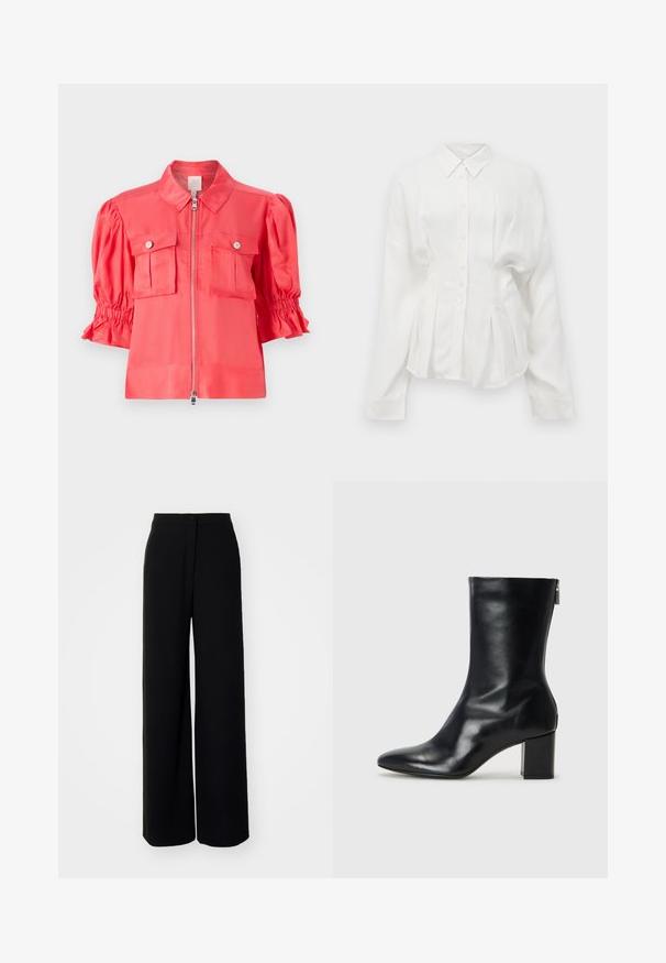 Koralo satino marškininė striukė su apykakle, užtrauktuku, pūstomis trumpomis rankovėmis ir dviem krūtinės kišenėmis su mygtukų detalėmis.; Balta ilgomis rankovėmis marška, turinti smailų apykaklę, mygtukų priekį ir klostuotą dizainą. Pagaminta iš lygaus audinio su švelniu blizgesiu.; Juodos plačios kelnės su aukštu liemeniu, lygios medžiagos, priekyje užsegamos mygtuku, be matomų kišenių, pasižyminčios pritaikytu siluetu.; Juodų odinių kulkšninių botų su smailiu nosiu ir 4 cm pločio bloku. Išskirtinis dizainas pasižymi šoniniu užtrauktuku, leidžiančiu lengvai apsiauti. Lygi tekstūra.