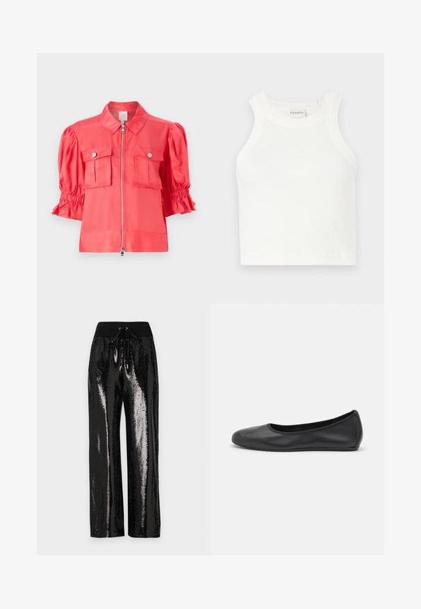 Satinirana košulja-jakna u boji koralja s ovratnikom, zatvaranjem na zip, kratkim napućenim rukavima i dva džepa na prsima s detaljima dugmadi.; Bijela rebrasta majica bez rukava s širokim naramenicama i prilagođenim siluetom. Ima mali reljefni logo blizu rubnog dijela.; Crne hlače sa šljokicama i širokim nogavicama, s elastičnim pojasom koji ima vezicu. Tkanina ima reflektirajuću, sjajnu teksturu.; Crne kožne baletanke s zaobljenim vrhom, glatke teksture, minimalnim detaljima šavova i fleksibilnim dizajnom potplata.