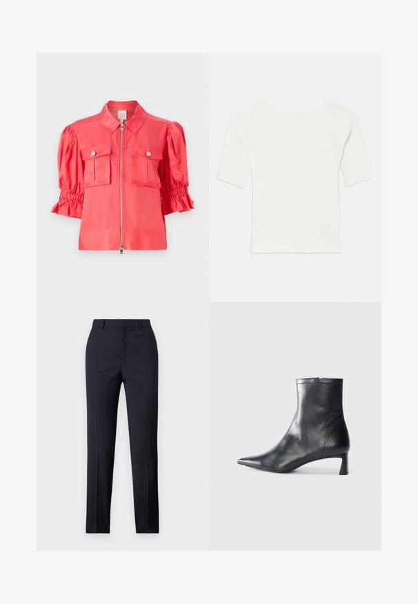 Coral satin shirt jacket with a collared neckline, zip closure, puffed short sleeves, and two chest pockets with button details.; White ribbed short-sleeve top with a wide neckline. The texture features vertical stripes, emphasizing a snug fit and simple design.; Navy tailored trousers with a straight cut, featuring a smooth texture, two front pockets, and a clean waistband.; Black leather ankle boot with a pointed toe and a sleek design. Features a low heel and a zipper closure at the back. Smooth texture.