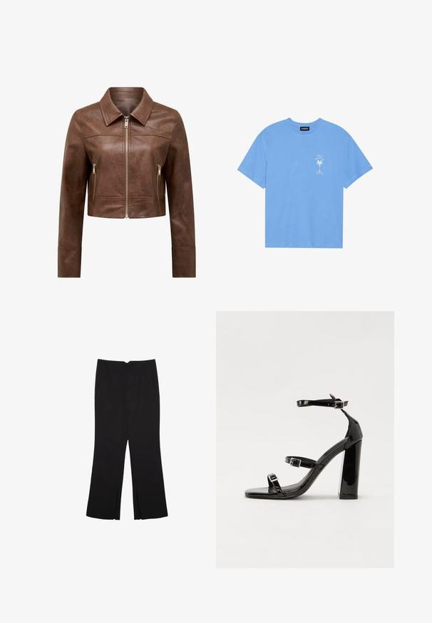 Giubbotto di pelle marrone cropped con colletto a punta, chiusura frontale con zip e due tasche laterali con zip verticali.; T-shirt di cotone blu chiaro con scollatura rotonda. Presenta una grafica bianca di una palma e testo sull'area sinistra del petto. Maniche corte.; Pantaloni neri a gamba dritta, con tasche frontali e spacchi laterali all'orlo. Realizzati in tessuto morbido e liscio. Adatti a diverse occasioni.; Sandali con tacco in vernice nera, con punta squadrata, cinturini alla caviglia e fibbie in argento. Presentano un tacco a blocco spesso per maggiore stabilità.