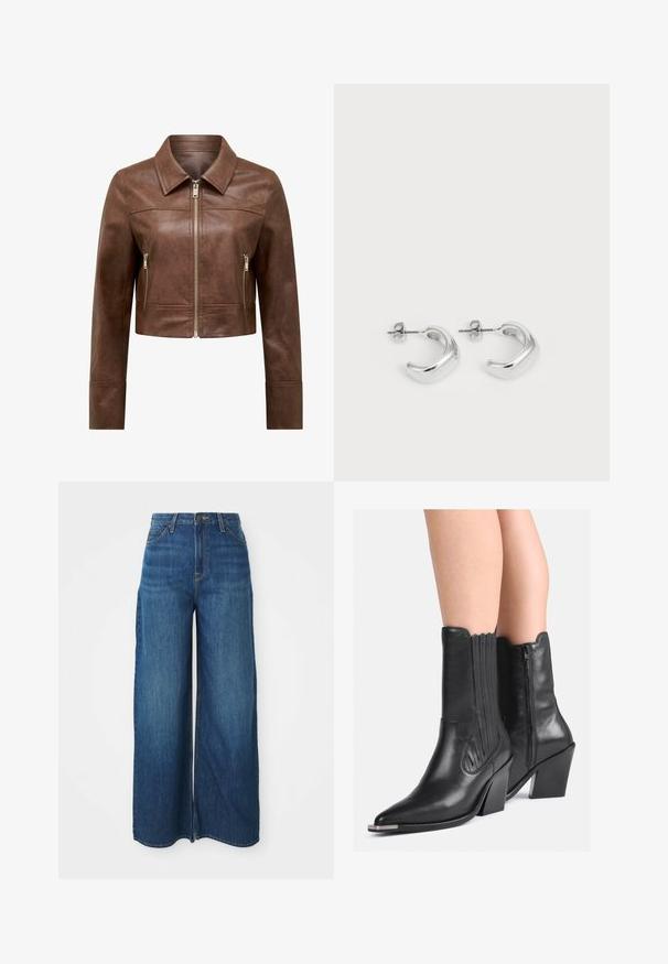 Bruine leren cropped jas met puntige kraag, voorkant met ritsluiting en twee verticale ritszakken aan de zijkant.; Mouwloos donkerbruin topje gemaakt van zachte stof. Heeft een ronde halslijn en een gladde textuur, zonder zichtbare patronen of accenten.; Hoge taille wijde blauwe denim jeans met voorkruiken, riemlussen, knoopsluiting en zichtbare stiksels op een witte achtergrond.; Zwarte leren cowboylaarzen tot halverwege de kuit met een puntige neus, gestapelde hakken, een zijrits en decoratieve stiksels, gedragen op blote benen.; Zilveren creolen met een gladde, gepolijste afwerking. Ronde vorm met een licht gebogen ontwerp en versmolten randen. Met pin sluiting.