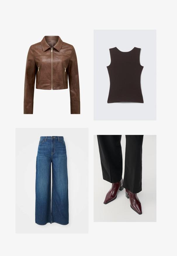 Barna, rövid bőrdzseki hegyes gallérral, elülső cipzáras záródással és két függőleges cipzáras zsebbel az oldalán.; Ujjatlan, sötétbarna felső, puha anyagból készült. Kerek nyakkivágással és sima felülettel rendelkezik, látható minták vagy díszítések nélkül.; Magas derekú, bő szárú kék farmernadrág elülső zsebekkel, övhurkokkal, gombos záródással és látható varrással, fehér háttér előtt.; Burgundy lakkbőr bokacsizma hegyes orral, vastag sarokkal és texturált felülettel, fekete, széles szárú nadrággal párosítva.