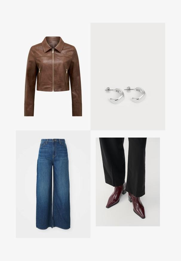 Veste en cuir marron courte avec col pointu, fermeture éclair à l'avant et deux poches latérales zippées verticales.; Top sans manches marron foncé en tissu doux. Doté d'un col rond et d'une texture lisse, sans motifs ou accents visibles.; Jeans en denim bleu à taille haute et jambes larges avec poches avant, passants de ceinture, fermeture à bouton et coutures visibles sur un fond blanc.; Bottines en cuir laqué bourgogne avec un bout pointu, un talon épais et une finition texturée, associées à un pantalon large noir.; Boucles d'oreilles en argent en forme de hoops avec une finition lisse et polie. Forme ronde avec un design légèrement courbé et des bords fondus. Fermeture à pin.