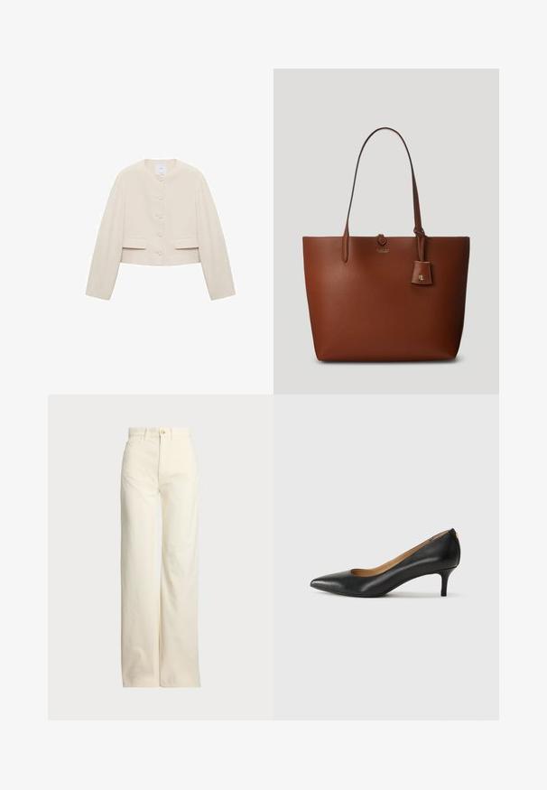 Cropped jacket in beige fabric; round neckline, front button closure with six buttons, two front pockets, long sleeves, minimalist design.; Black sleeveless cotton sweater with a round neckline. Features a small white logo on the lower left corner and ribbed trim.; Polo Ralph Lauren COTTON CORDUROY WIDE-LEG PANT - Trousers - warm white; Black leather pump with a pointed toe, low heel, and a smooth texture. Features a slight opening at the front and minimal hardware at the back.; Brown pebbled leather tote bag with two handles, a small attached tag, and a subtle logo on the front. Smooth texture with structured shape.