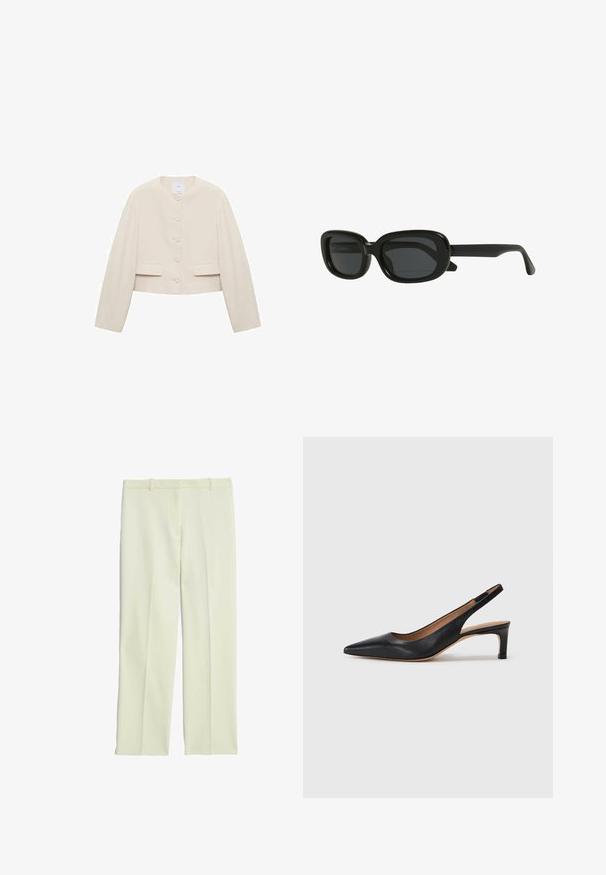 Korte jas van beige stof; ronde halslijn, sluiting met zes knopen aan de voorkant, twee voorzakken, lange mouwen, minimalistisch design.; Zwarte, lichtgewicht top met een gedrapeerde halslijn en kapmouwen. Gladde textuur met een eenvoudig, ongeversierd ontwerp.; Crème-kleurige op maat gemaakte broek met een recht model, met een platte voorkant, riemlussen en een soepele textuur.; Zwarte leren slingback pump met een puntige neus, lage hak en een gladde textuur. Beschikt over een dunne verstelbare band voor een veilige pasvorm.; Zwarte rechthoekige zonnebril met een dikke rand, donker getinte lenzen en een gestroomlijnd ontwerp. De armen hebben een gladde afwerking.