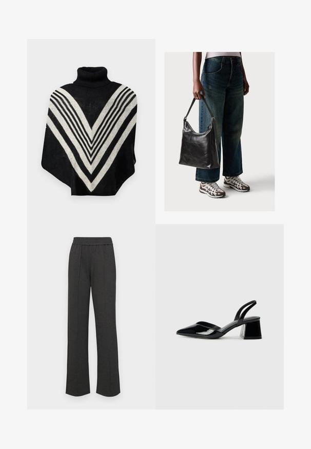 Poncho preto e creme com gola alta, apresentando um padrão em V e riscas horizontais. Textura suave e design fluido.; Top preto assimétrico em tecido suave, apresentando folhos ao longo do lado e uma única alça. Textura lisa com elementos de design drapeado.; Calças retas pretas com uma cintura elástica, pregas frontais, tecido macio e sem padrões ou detalhes em metal visíveis.; Sandy em verniz preto com salto slingback, ponta afilada e salto geométrico. Apresenta um design elegante e minimalista com textura suave.; Bolsa de ombro em couro preto com textura suave e alça ajustável, combinada com jeans de perna larga desbotados e ténis desportivos.