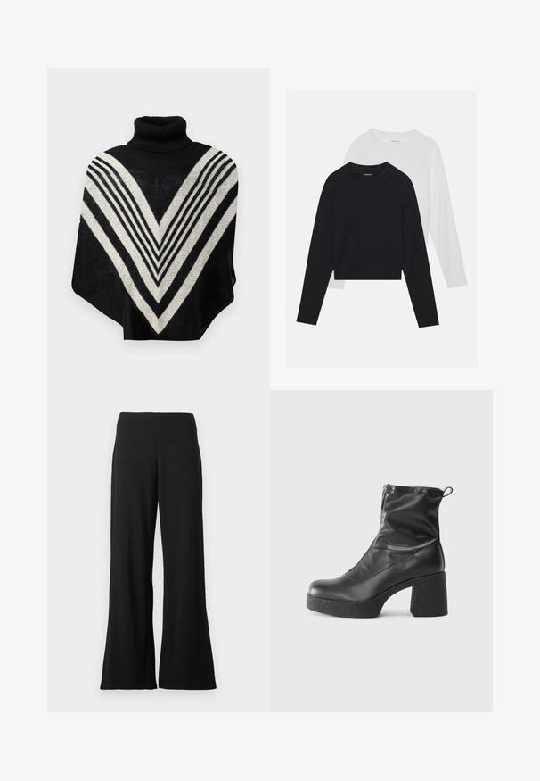 Black and cream poncho with a turtleneck, featuring a V-shaped pattern and horizontal stripes. Soft texture and flowing design.; Two long-sleeved shirts: one black and one white. Both feature a crew neck, raglan sleeves, and a soft cotton blend fabric.; Black wide-leg pants with high waist and smooth fabric against a plain white background.; Black ankle boots made of smooth leather, featuring a side zipper, chunky textured heel, and rounded toe design.