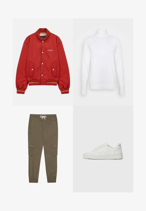 Chaqueta bomber roja con cierre de botones, cuello y puños acanalados, bolsillos laterales y logo blanco de Emporio Armani Milano en el pecho.; Suéter blanco de cuello alto y mangas largas, hecho de una tela suave. Presenta un diseño ajustado y puños y dobladillo acanalados. Sin patrones ni acentos.; Pantalones cargo caqui con cintura elástica y cordón, que cuentan con bolsillos laterales y tobillos ajustados. Fabricados en un material ligero y texturizado.; Zapatilla de cuero blanca con un acabado suave, puntera redonda, cordones planos y suela texturizada. Cuenta con un sutil logo en el talón.
