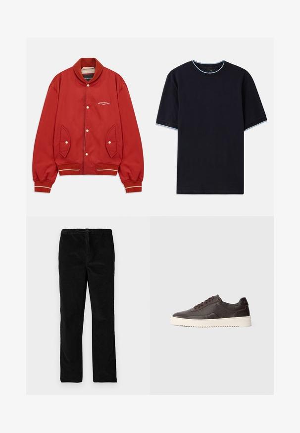 Casaco bomber vermelho com fechamento por botões, gola e punhos canelados, bolsos laterais e logótipo branco da Emporio Armani Milano no peito.; Camiseta de manga curta azul-escura com decote redondo, apresentando um detalhe azul-claro na gola e nas mangas. Feita de um tecido de algodão macio.; Calças de veludo pretas de pernas retas com cintura elástica e cordão frontal, exibidas contra um fundo branco liso.; Sapatilhas de couro castanho-escuro com um acabamento texturizado, bico redondo e sola de borracha creme em contraste. Apresenta atacadores e detalhes de costura subtis.