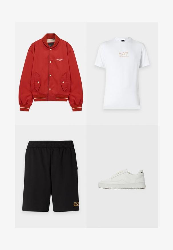 Rdeča bomberska jakna z gumbom spredaj, rebrastim ovratnikom in manšetami, stranskimi žepi ter belim logotipom Emporio Armani Milano na prsih.; Bela bombažna majica s krožnim izrezom in kratkimi rokavi, s pozlačenim logotipom EA7 Emporio Armani natisnjenim spredaj.; Črne športne kratke hlače iz mehkega blaga, z elastičnim pasom in majhnim rumenim logotipom EA7 na spodnjem levem delu noge.; Bela usnjena športna obutev z gladko površino, okroglo prst, ravne vezalke in teksturiran podplat. Ima diskretno logo na peti.