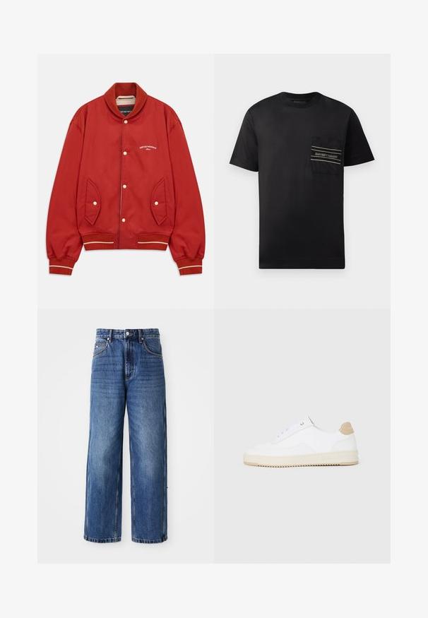 Raudonas bomberis su mygtukų uždarymu, su guminiu apykakle ir rankogaliais, šoninėmis kišenėmis ir baltu Emporio Armani Milano logotipu krūtinėje.; Juodas trumpas rankovės marškinėlis, pagamintas iš medvilnės, su artimu krūtinės kišenės vaizdu, ant kurio yra logo, ir dviem horizontaliosiomis juostelėmis balta ir auksine spalvomis.; Mėlyni džinsiniai plačios kojos džinsai su aukšta juosmens linija, matoma siuvimo linija, užsegami priekyje mygtuku, laisvo kirpimo, su išblukusiu tonavimu ir šoninėmis kišenėmis.; Baltos žemos sportbačiai su tekstūruota odine viršutinė dalimi, kreminė banguota priekiu ir ruda kulno akcentu. Yra baltos raištelės ir logotipas ant kulno.