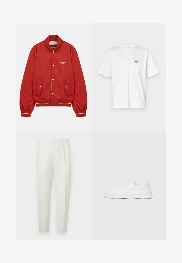 Red bomber jacket with button front, ribbed collar and cuffs, side pockets, and white Emporio Armani Milano logo on chest.; White t-shirt made of cotton featuring short sleeves, a crew neck, and a small gray logo on the left chest area. Smooth texture.; White slim-fit pants with an elastic waistband, featuring two side pockets and a smooth, slightly shiny texture.; White sneaker with a smooth leather upper, rounded toe, laces, textured side accents, and a thick rubber sole. Minimalist design.