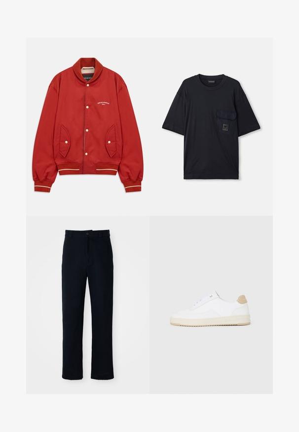 Red bomber jacket with button front, ribbed collar and cuffs, side pockets, and white Emporio Armani Milano logo on chest.; Black short-sleeve crew neck T-shirt with a flap pocket on the left chest featuring a small rectangular logo patch.; Navy blue trousers made of cotton, featuring a straight-leg design, a front button closure, and classic waistband with belt loops.; White low-top sneakers with a textured leather upper, cream ridged sole, and a tan heel accent. Features white laces and logo detail on heel.