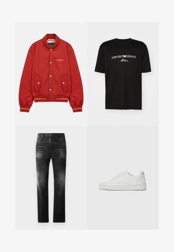 Red bomber jacket with button front, ribbed collar and cuffs, side pockets, and white Emporio Armani Milano logo on chest.; Black cotton T-shirt featuring a round neckline, short sleeves, and "EMPORIO ARMANI" logo in white above "Milano" in a curved design.; Black denim jeans with a straight fit. Features faded areas, minor distressing, classic five-pocket design, and a button closure.; White leather sneaker with a smooth finish, round toe, flat laces, and a textured sole. Features a subtle logo on the heel.