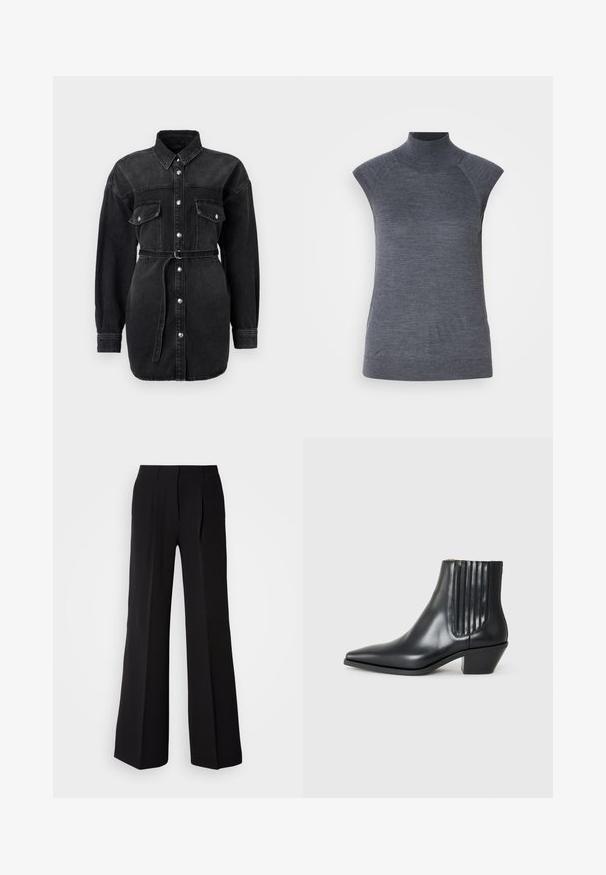Sort denim kjole med lange ermer, to brystlommer, knappelukking foran og tilhørende belte i livet.; Grå ermeløs polo topp, kroppsnært snitt, ribbet tekstur, glatt stoff, har høy krage og stilige skulderutskjæringer.; Sorte bukser laget av glatt stoff, med høy midje, vide ben og to frontfolder for ytterligere designdetaljer.; Sorte skinnankelsko med spiss tå, elastiske sidepaneler med vertikale groper, og en lav blokkhæl. Glatt tekstur og elegant design.