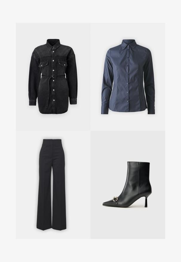 Black denim shirt dress with long sleeves, two chest pockets, button closure down the front, and a matching belted waist.; Navy blue long-sleeve shirt with button-up front, pointed collar, and a tailored fit. Made of smooth, lightweight fabric.; Wide-leg trousers in black fabric with a high waistband, featuring a clean finish and smooth texture. No visible hardware or patterns.; Black leather ankle boot with pointed toe, slim mid-height heel, and silver buckle detail on side against plain background.
