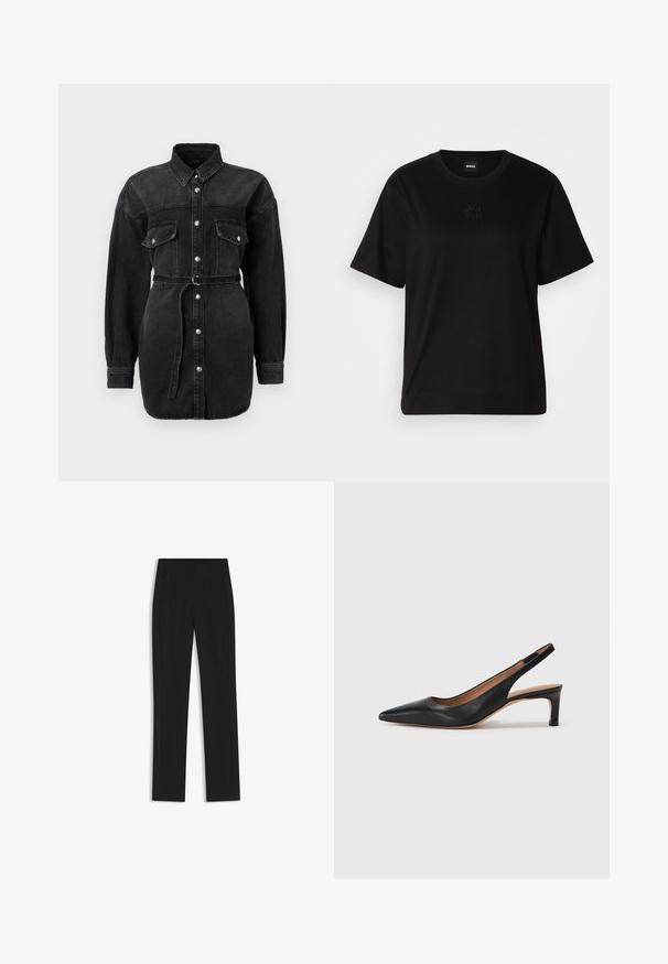 Black denim shirt dress with long sleeves, two chest pockets, button closure down the front, and a matching belted waist.; Black cotton t-shirt with a crew neckline, short sleeves, and an embroidered logo on the chest. Simple, relaxed fit with no patterns.; Black tailored trousers with a straight-leg design, featuring front pockets and a smooth, textured fabric. Neat, minimal detailing.; Black leather slingback pump with a pointed toe, low heel, and a smooth texture. Features a thin adjustable strap for a secure fit.