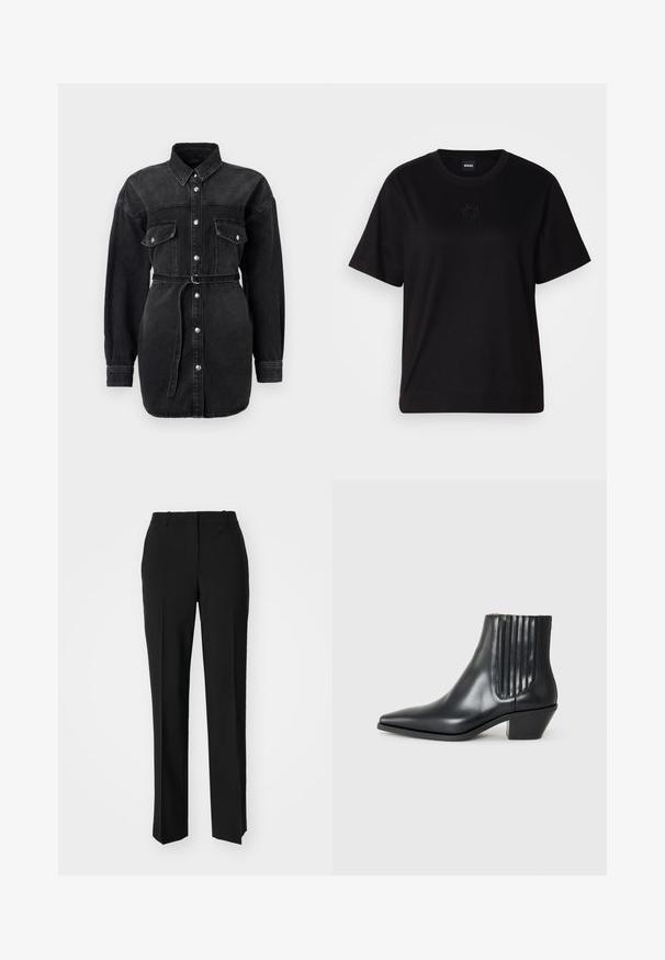 Melna denima kleita ar garām piedurknēm, divām krūšu kabatām, pogu aizdari priekšā un atbilstošu jostas vietu ar jostu.; Melna kokvilnas T-krekls ar apaļu izgriezumu, īsām piedurknēm un izšūtu logotipu uz krūtīm. Vienkāršs, brīvs piegriezums bez rakstiem.; Melnas pielāgotas bikses ar taisnu kāju dizainu, kas raksturojas ar gludu faktūru un asiem krokām pa priekšu. Nav redzamu metāla detaļu.; Melnas ādas potītes zābaki ar izsistu purngali, elastīgām sānu paneļiem ar vertikālām grodām un zemu bloku papēdi. Gluda tekstūra un elegants dizains.