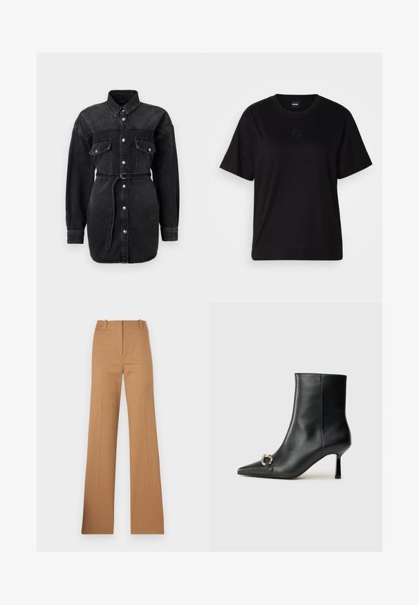 Crna traper košulja haljina s dugim rukavima, dva džepa na prsima, kopčanje dugmadi sprijeda i usko vezanje u struku.; Crna pamučna majica s okruglim izrezom, kratkim rukavima i izvezenim logotipom na prsima. Jednostavan, opušten kroj bez uzorka.; HUGO HULANA - Chino hlače - open brown; Crne kožne gležnjače s nazupčanim prstom, uskim srednje visokim potpeticama i detaljem srebrne kopče sa strane na jedinstvenoj pozadini.