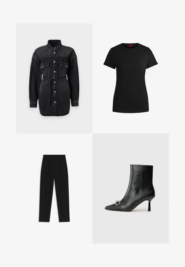 Black denim shirt dress with long sleeves, two chest pockets, button closure down the front, and a matching belted waist.; Black cotton t-shirt with short rolled sleeves, a round neckline, and a red label. Smooth texture, fitted shape with minimal detailing.; Black trousers with a straight fit, featuring double pleats, a smooth texture, and a classic waistband design. No visible hardware or accents.; Black leather ankle boot with pointed toe, slim mid-height heel, and silver buckle detail on side against plain background.