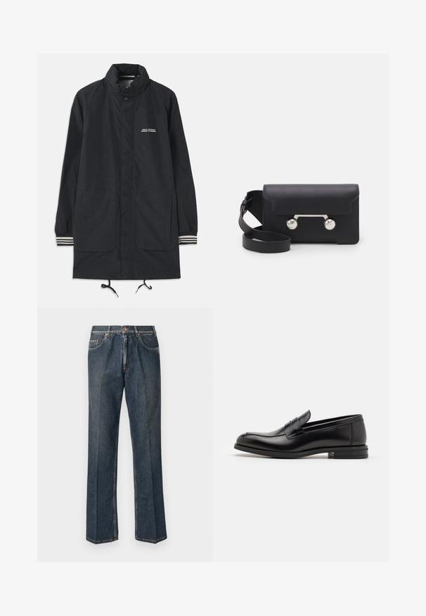 Marineblauwe waterdichte jas met een hoge kraag, drukknoopsluiting, twee zakken aan de voorkant en gestreepte manchetten. Verstelbare trekkoord aan de onderkant. Tekstlogo op de borst.; Crème-kleurige gebreide trui met een polo-kraag, geribde manchetten en zoom, voorzien van een voorste placket en een zachte textuur.; Donkerblauwe rechte spijkerbroek met een knoopsluiting aan de voorkant, rits, dubbele voorzakken en zichtbare verticale plooien langs de benen.; Zwarte leren instappers met een gladde textuur, ronde neus en een decoratieve band over de wreef. Lage, gestapelde hak en minimalistisch ontwerp.; Zwarte leren schoudertas met een klep, zilverkleurige hardware en twee ronde accenten. Voorzien van een afneembare schouderriem. Soepele textuur.