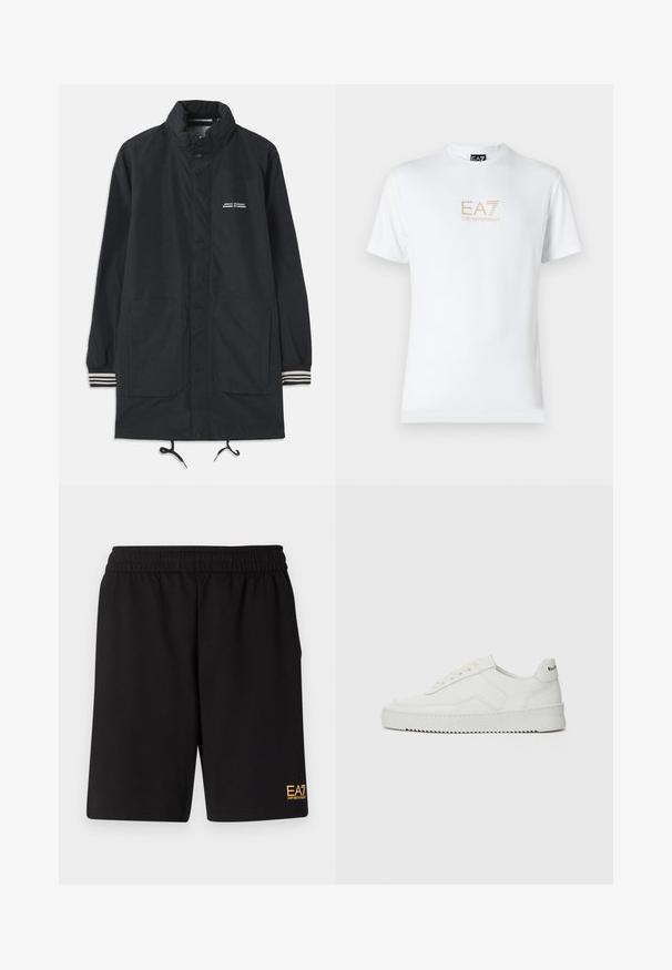 Chaqueta náutica impermeable de color azul marino con un cuello alto, botones a presión, dos bolsillos frontales y puños a rayas. Cuerda ajustable en el dobladillo. Logotipo de texto en el pecho.; Camiseta blanca de algodón con escote redondo y mangas cortas, con un logo dorado de EA7 Emporio Armani impreso en el frente.; Pantalones cortos deportivos negros de tejido suave, con una cintura elástica y un pequeño logo amarillo de EA7 en la parte inferior de la pierna izquierda.; Zapatilla de cuero blanca con un acabado suave, puntera redonda, cordones planos y suela texturizada. Cuenta con un sutil logo en el talón.