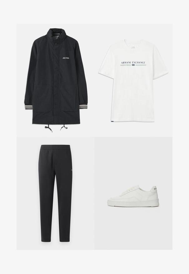 Námořnická voděodolná bunda s vysokým límcem, patentkami, dvěma předními kapsami a proužkovanými manžetami. Nastavitelná šňůrka v dolní části. Logo textu na hrudi.; Bílý bavlněný tričko s krátkým rukávem, s modro-zeleným logem "ARMANI EXCHANGE" a "1991" umístěným uprostřed pod ním.; Černé joggingové kalhoty vyrobené z měkké tkaniny, s elastickým pasem, rovnými nohavicemi a malým logem na boku.; Bílé kožené tenisky s hladkým povrchem, kulatou špičkou, plochými tkaničkami a texturovanou podrážkou. Na patě se nachází nenápadné logo.